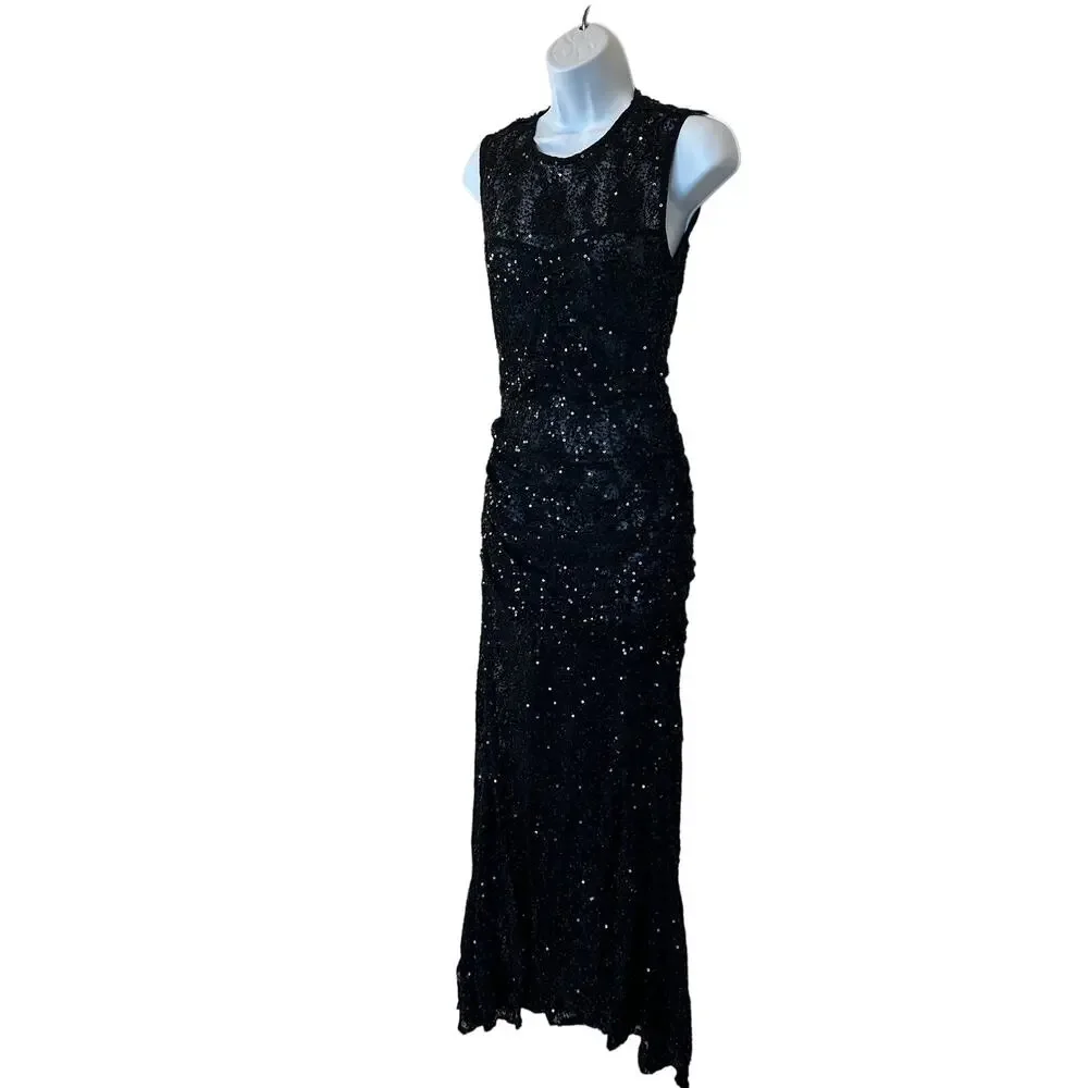Aknvas Black Sequin Gown Size 6 Formal Luxury Sheer Ruched Flattering $1000 - Picture 12 of 13